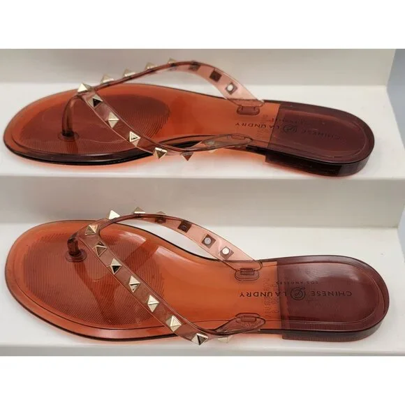 Chinese Laundry Womens Jelly Flip Flops Gold Studs Transparent Coral Size 8 - Picture 3 of 6